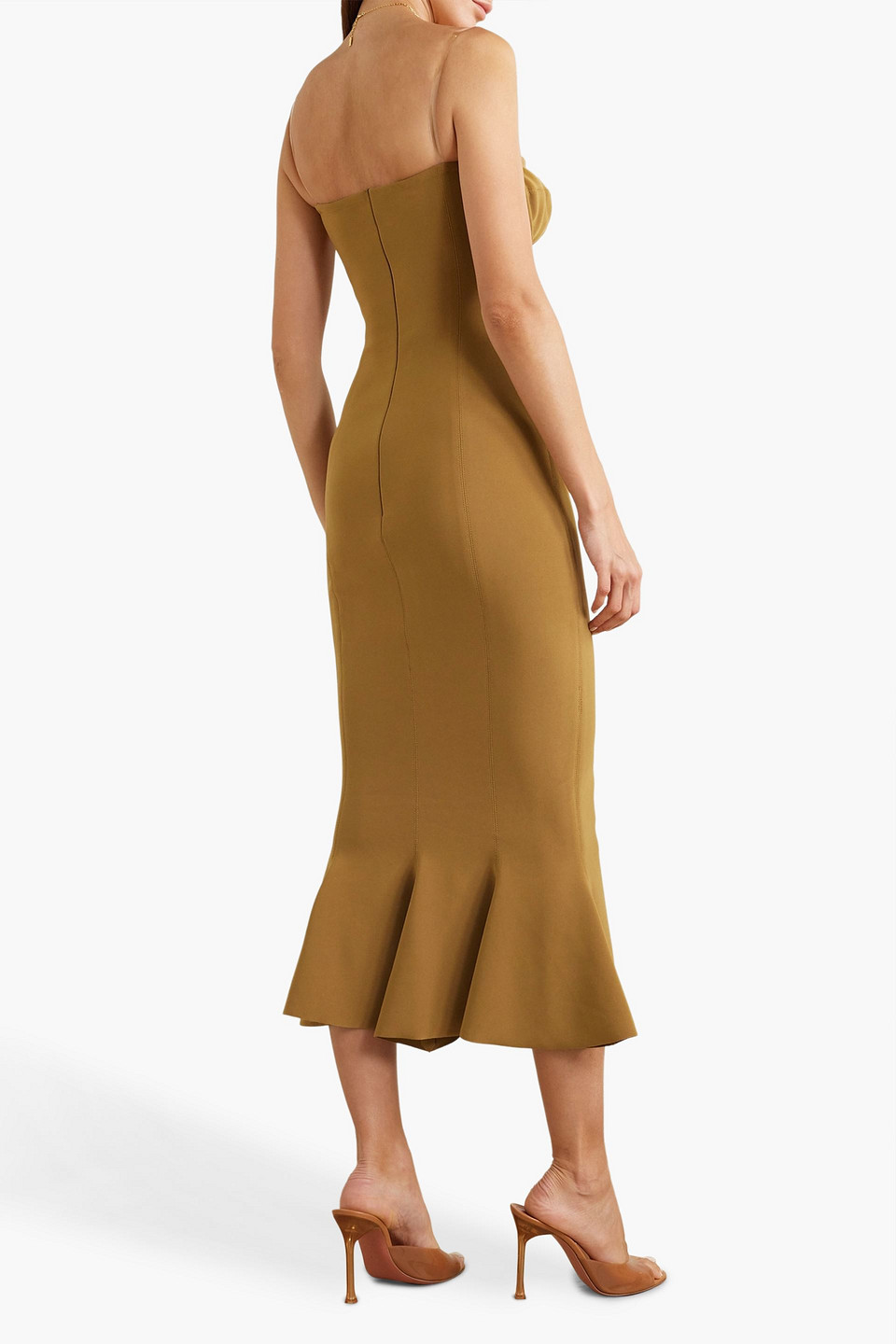 Shop Omo By Norma Kamali Strapless Fluted Stretch-jersey Midi Dress In Mustard