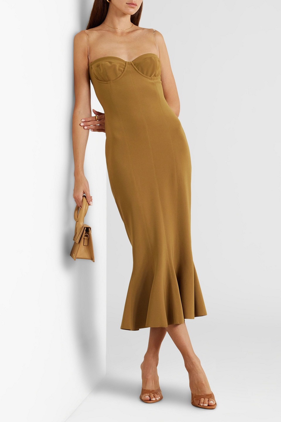 Shop Omo By Norma Kamali Strapless Fluted Stretch-jersey Midi Dress In Mustard