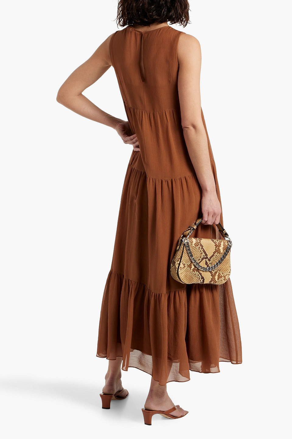 Shop Max Mara Fago Tiered Cotton And Silk-blend Seersucker Maxi Dress In Light Brown