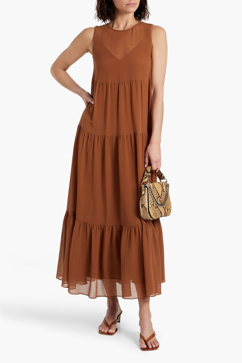 Shop Max Mara Fago Tiered Cotton And Silk-blend Seersucker Maxi Dress In Light Brown