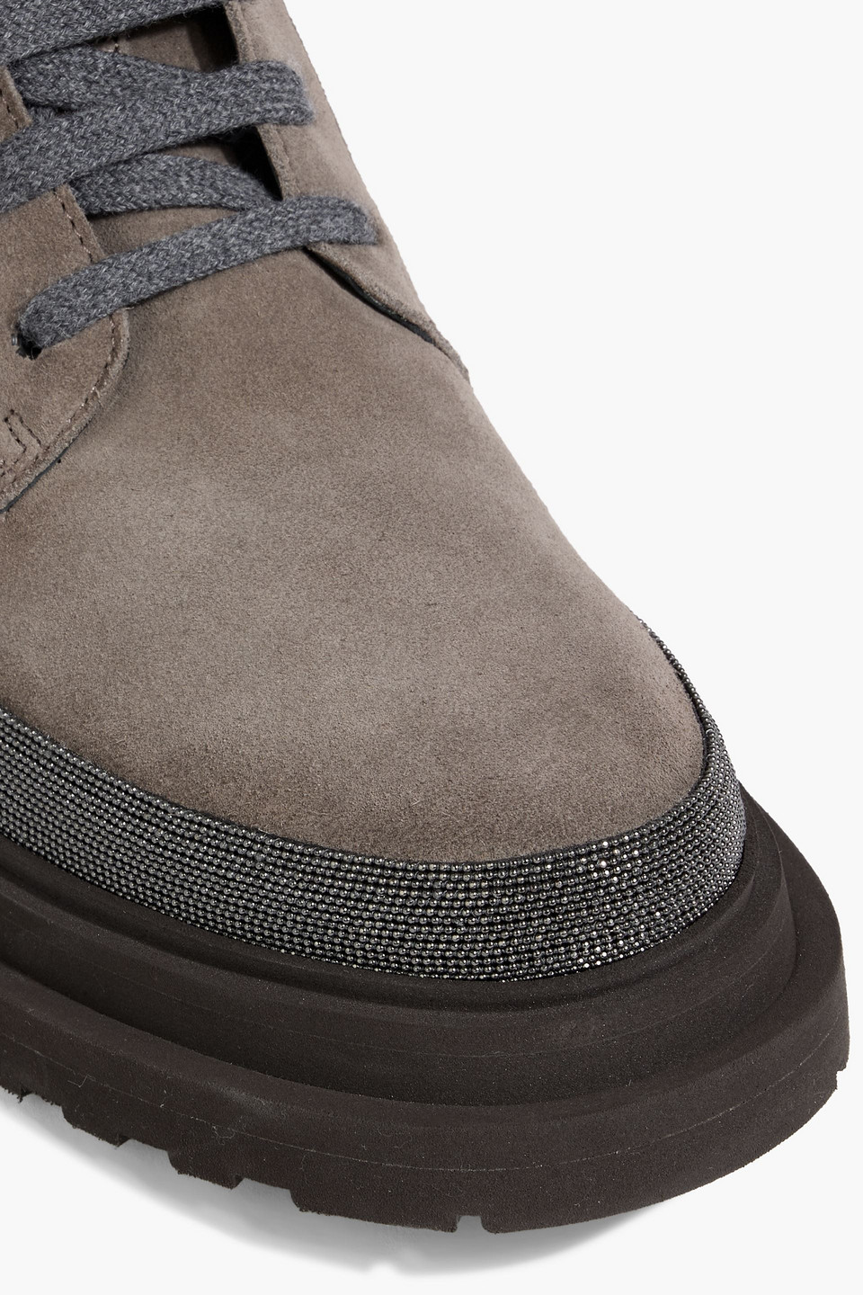 Brunello Cucinelli Bead-embellished Suede Combat Boots In Brown