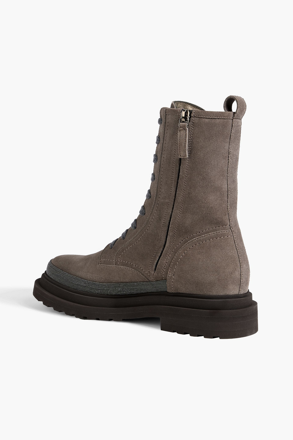 Brunello Cucinelli Bead-embellished Suede Combat Boots In Brown