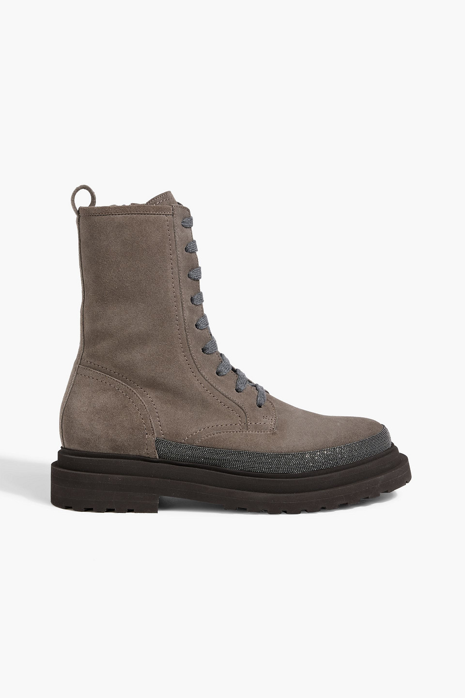 Brunello Cucinelli Bead-embellished Suede Combat Boots In Brown