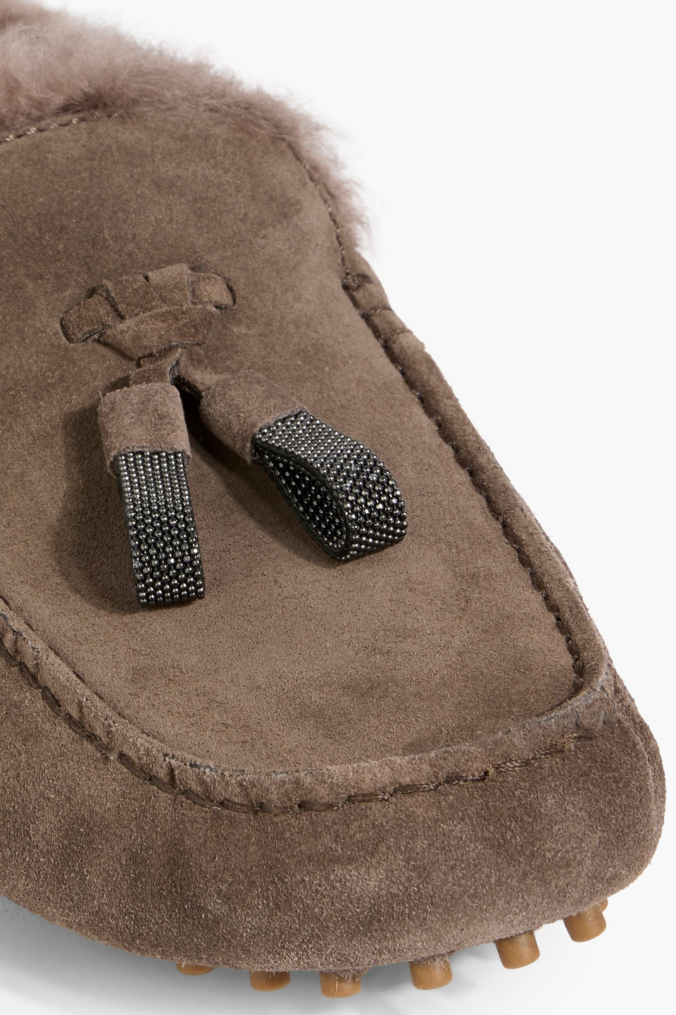 Brunello Cucinelli Bead-embellished Shearling Slippers In Brown