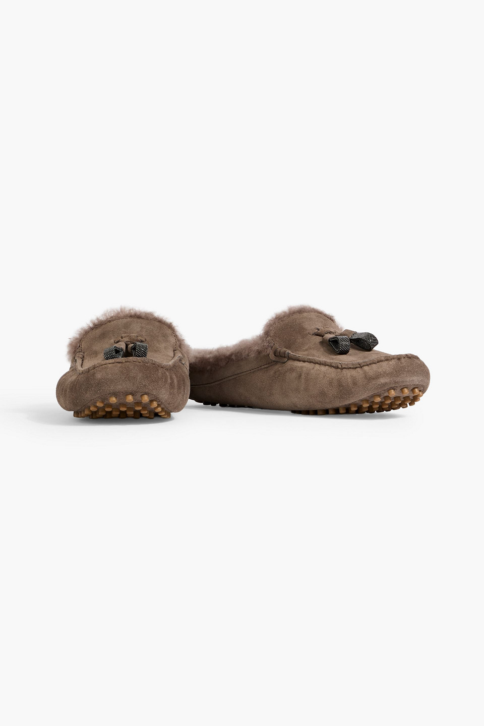 Brunello Cucinelli Bead-embellished Shearling Slippers In Brown