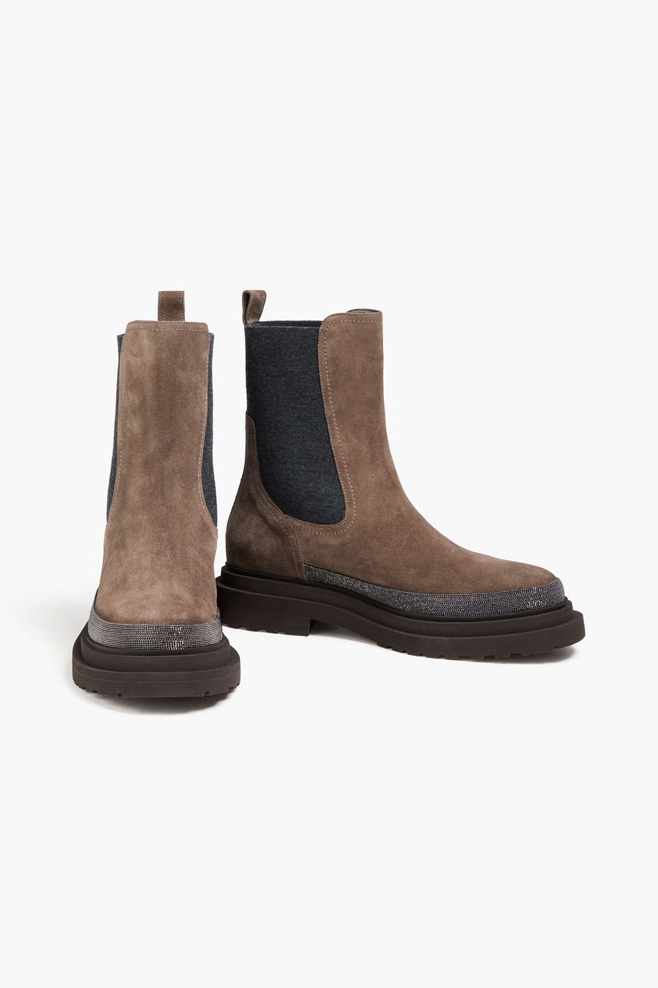 Brunello Cucinelli Chelsea-boots Aus Veloursleder Mit Zierperlen In Brown