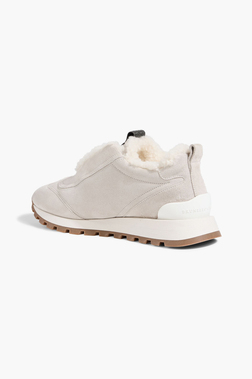 Brunello Cucinelli Shearling-lined Bead-embellished Suede Slip-on Sneakers In White