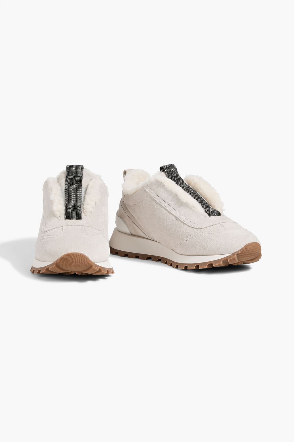 BRUNELLO CUCINELLI Shearling-lined bead-embellished suede slip-on sneakers
