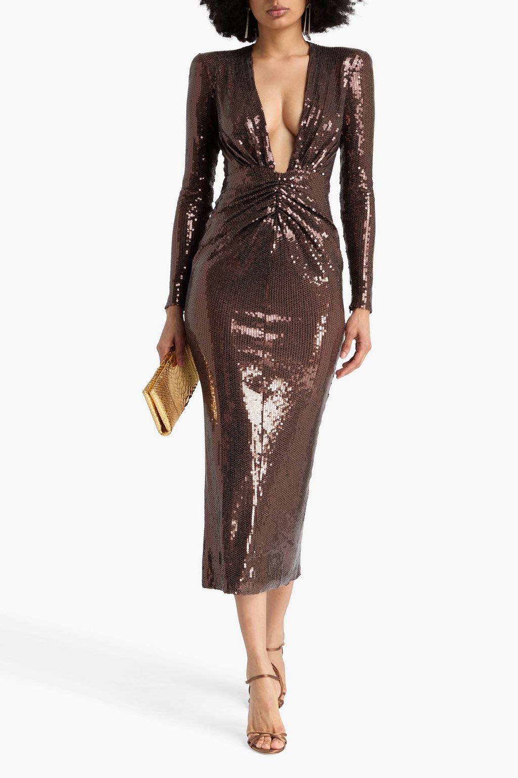 ALEX PERRY Ruched sequined tulle midi dress