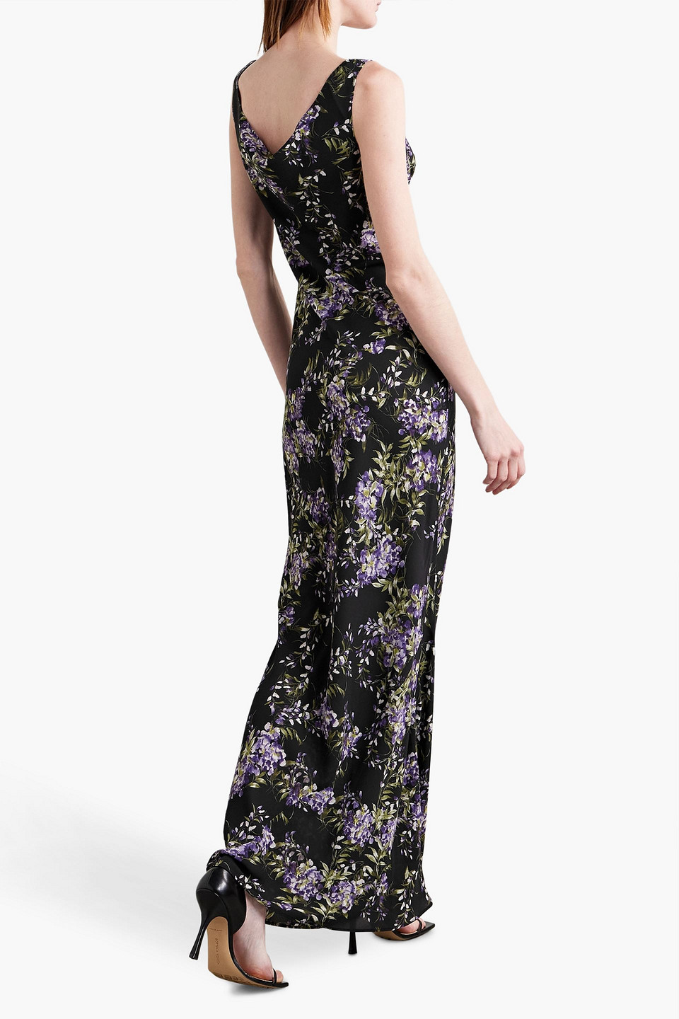 Shop Omo By Norma Kamali Draped Floral-print Chiffon Gown In Black