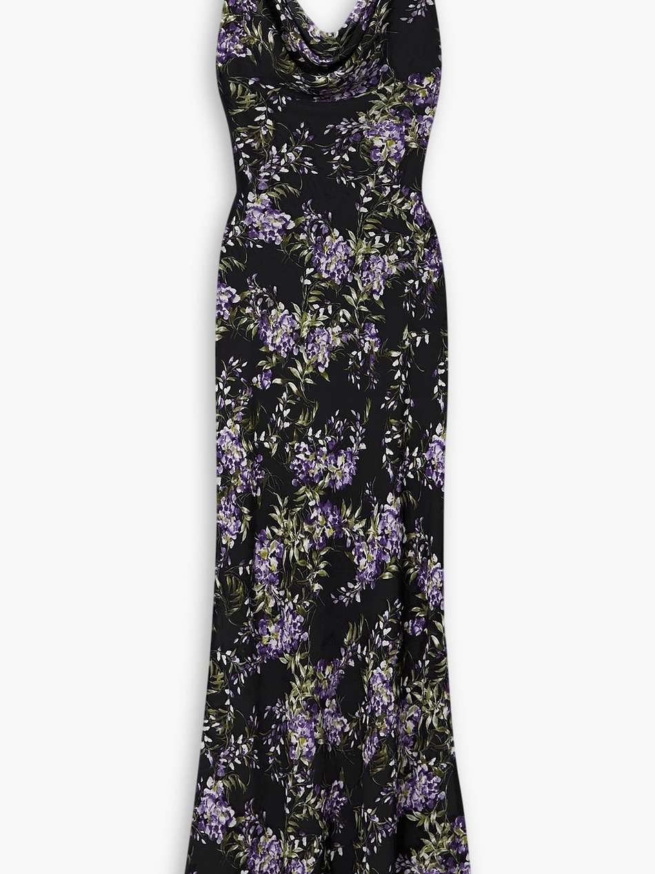 draped floral-print chiffon gown