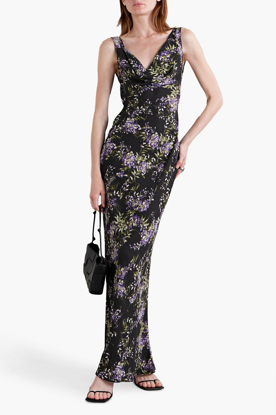 Shop Omo By Norma Kamali Draped Floral-print Chiffon Gown In Black