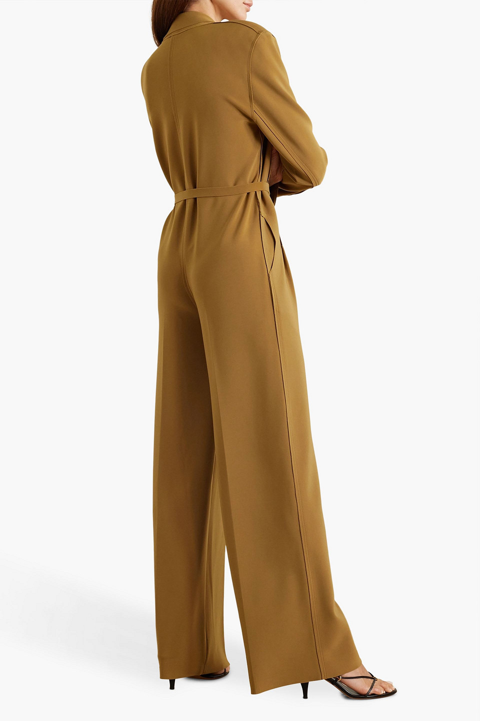 Shop Omo By Norma Kamali Belted Stretch-jersey Wide-leg Jumpsuit In Mustard