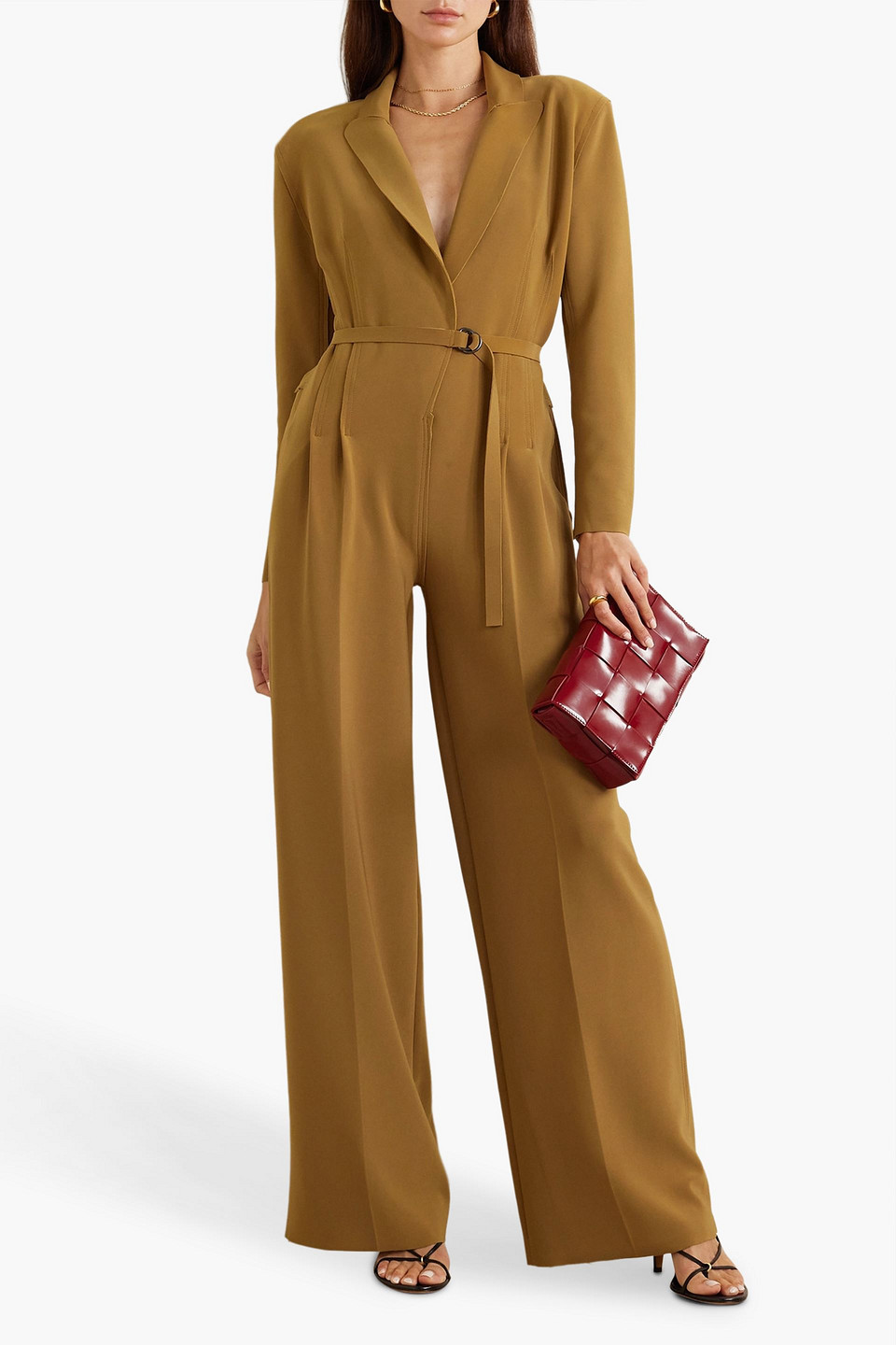 Shop Omo By Norma Kamali Belted Stretch-jersey Wide-leg Jumpsuit In Mustard