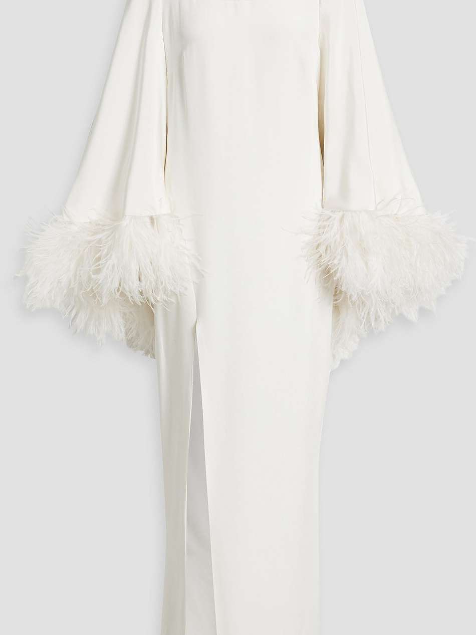 feather-embellished crepe and tulle gown