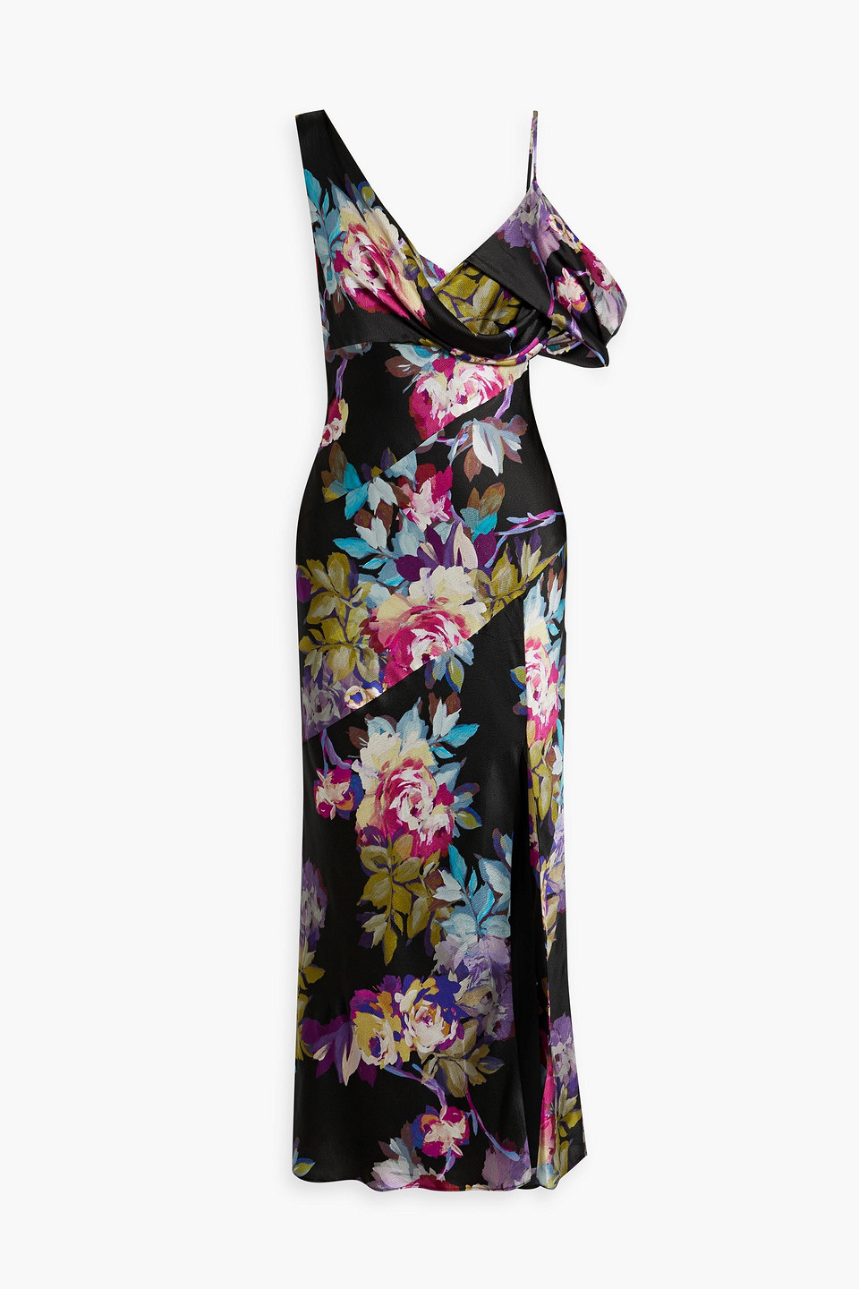 Nicholas Finley Draped Floral-print Satin-crepe Midi Dress In Black