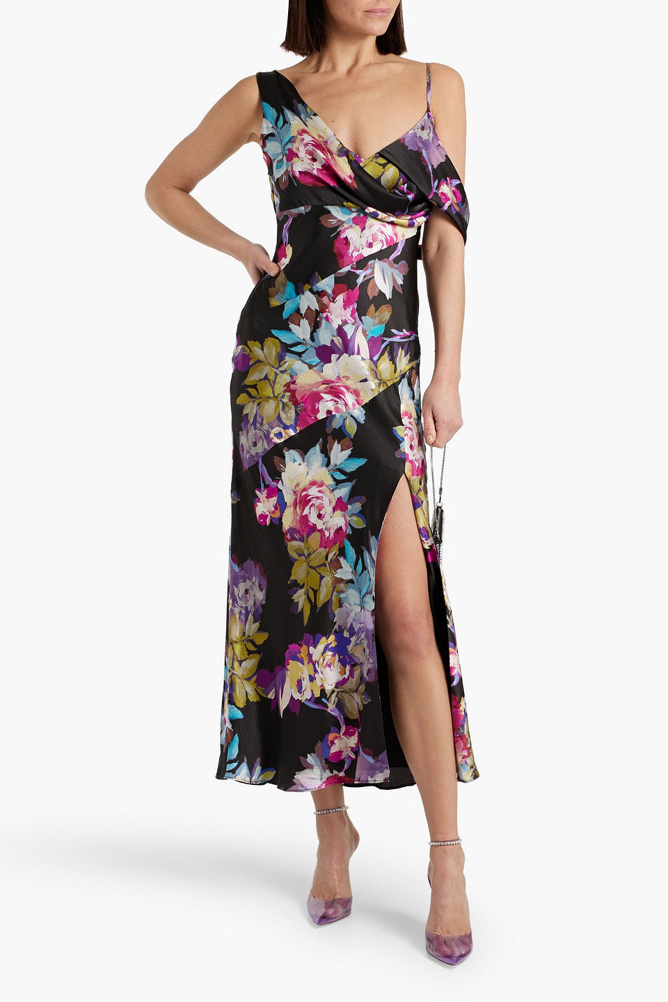 Shop Nicholas Finley Draped Floral-print Satin-crepe Midi Dress In Black