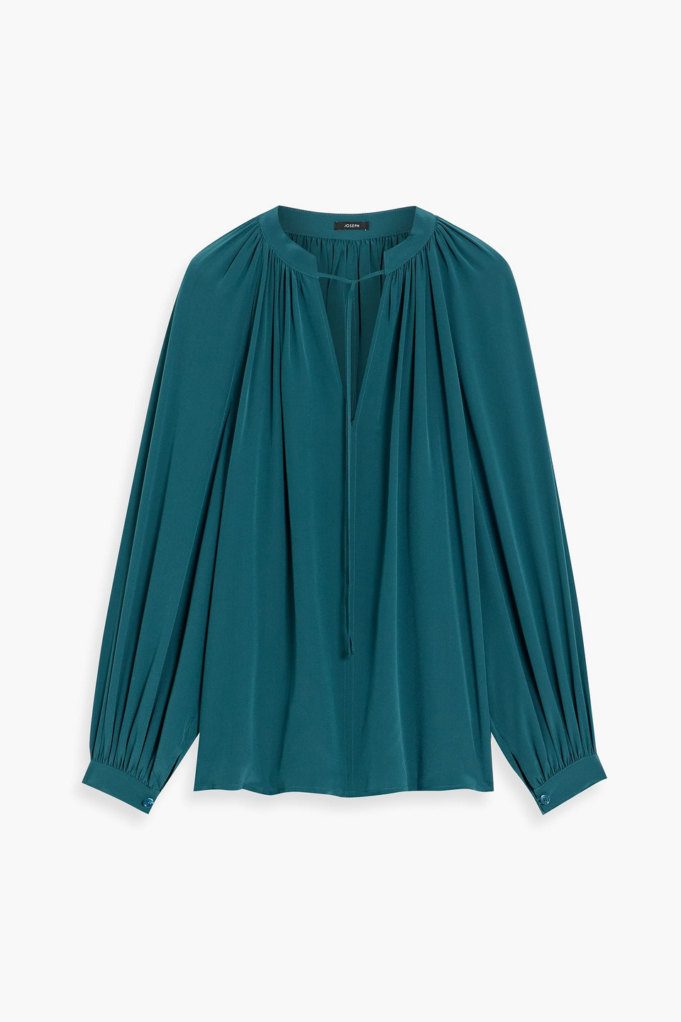 Joseph Bartletts Ruched Blouson-sleeve Silk Blouse In Dark Teal