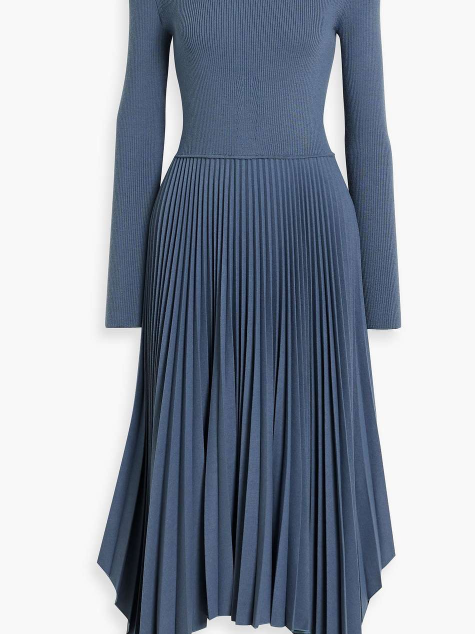 pleated ribbed wool-blend and flannel midi dress