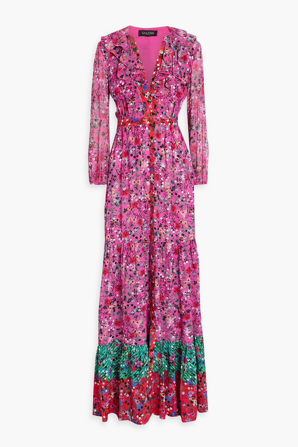 Saloni Ginny Ruffled Floral-print Silk-crepe And Chiffon Maxi Dress In Magenta