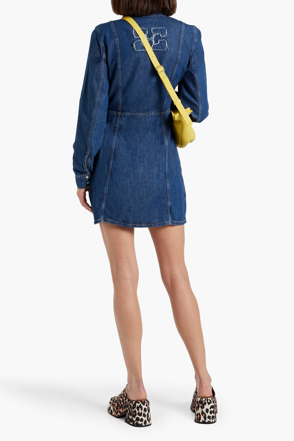 Shop Ganni Flocked Denim Mini Shirt Dress In Mid Denim