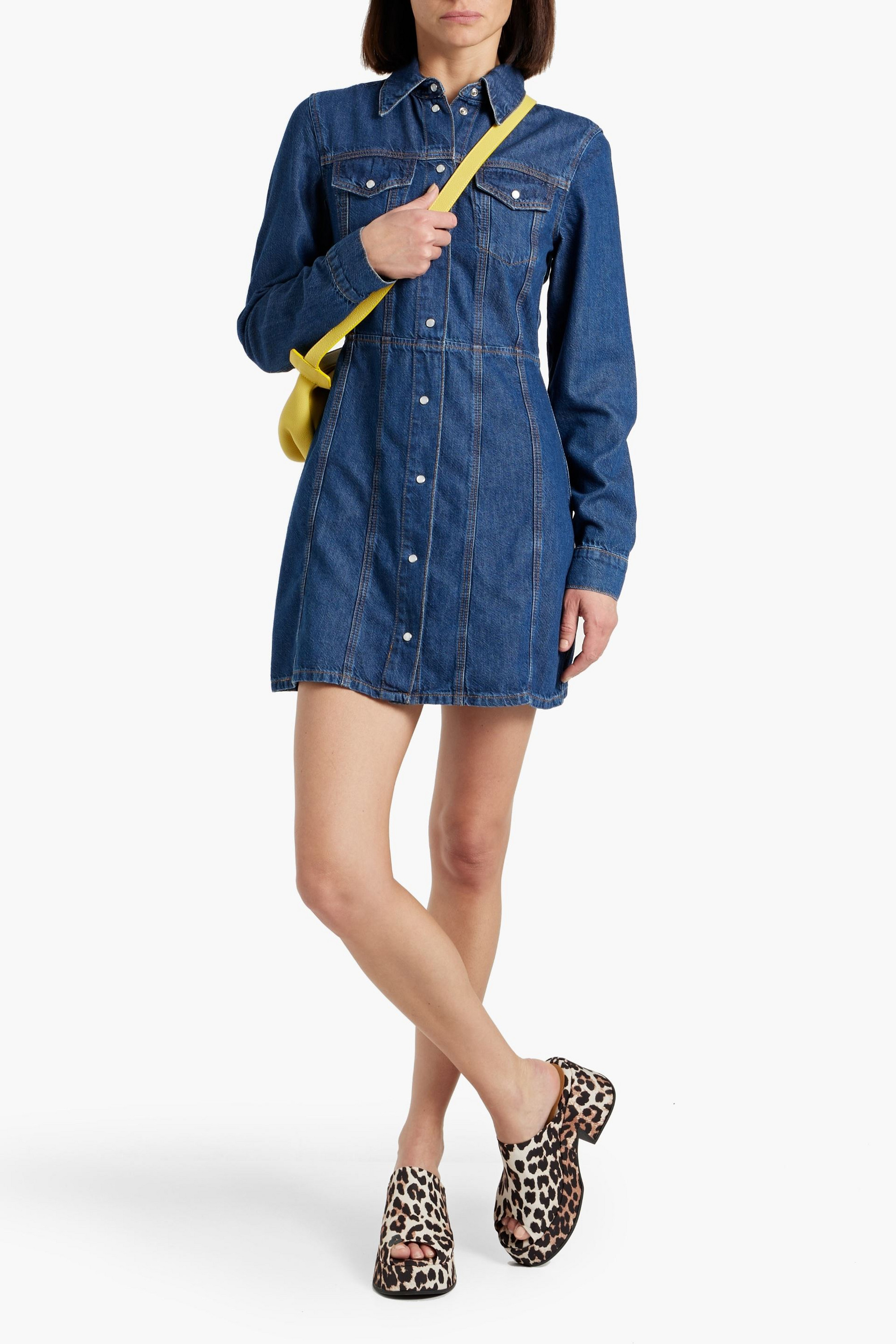 GANNI Flocked denim mini shirt dress