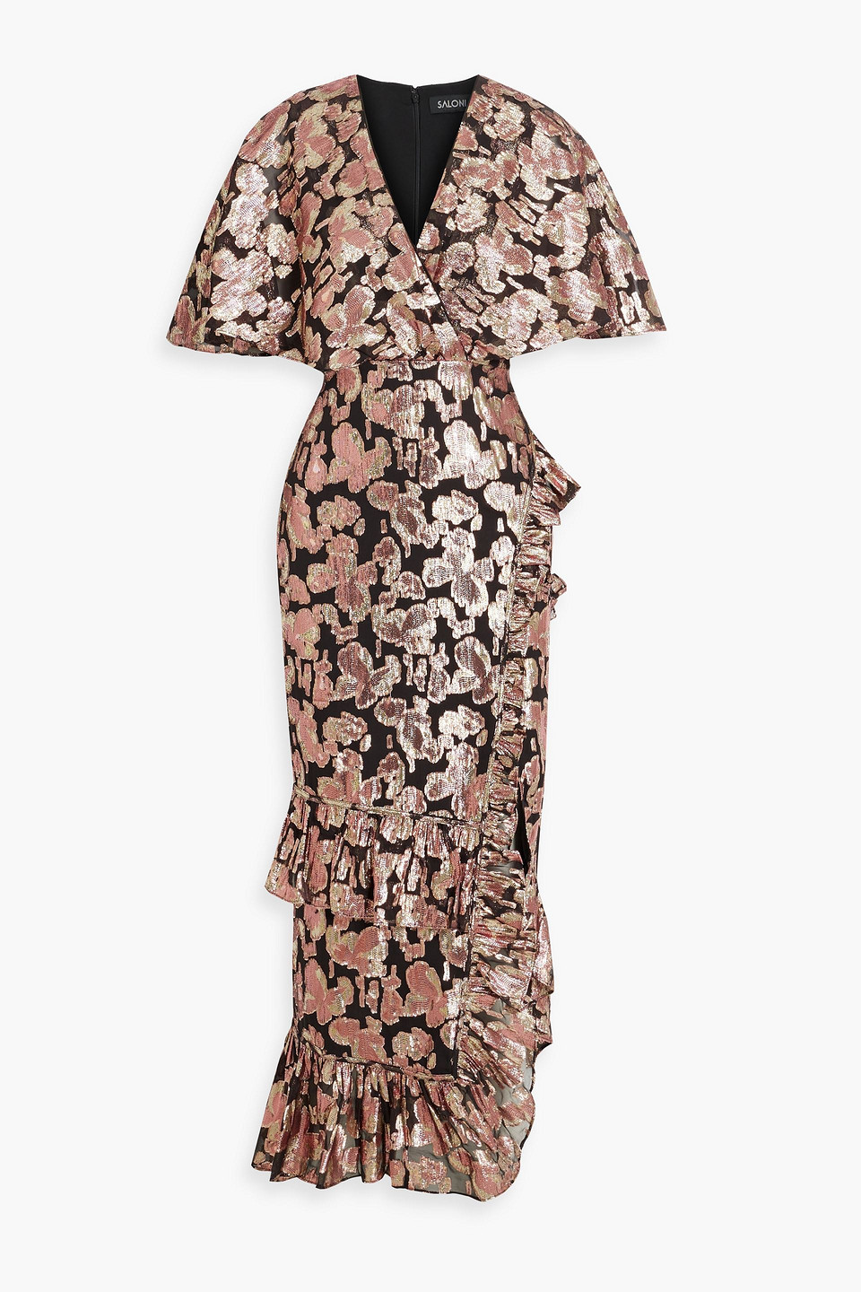 Saloni Rose Ruffled Metallic Jacquard Maxi Dress In Rose Gold