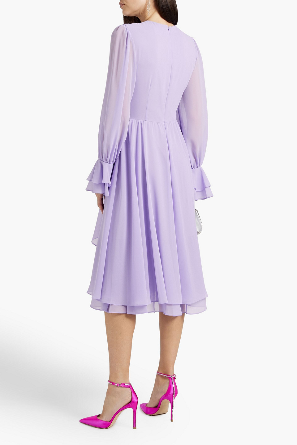 Shop Mikael Aghal Ruffled Chiffon Midi Dress In Lavender