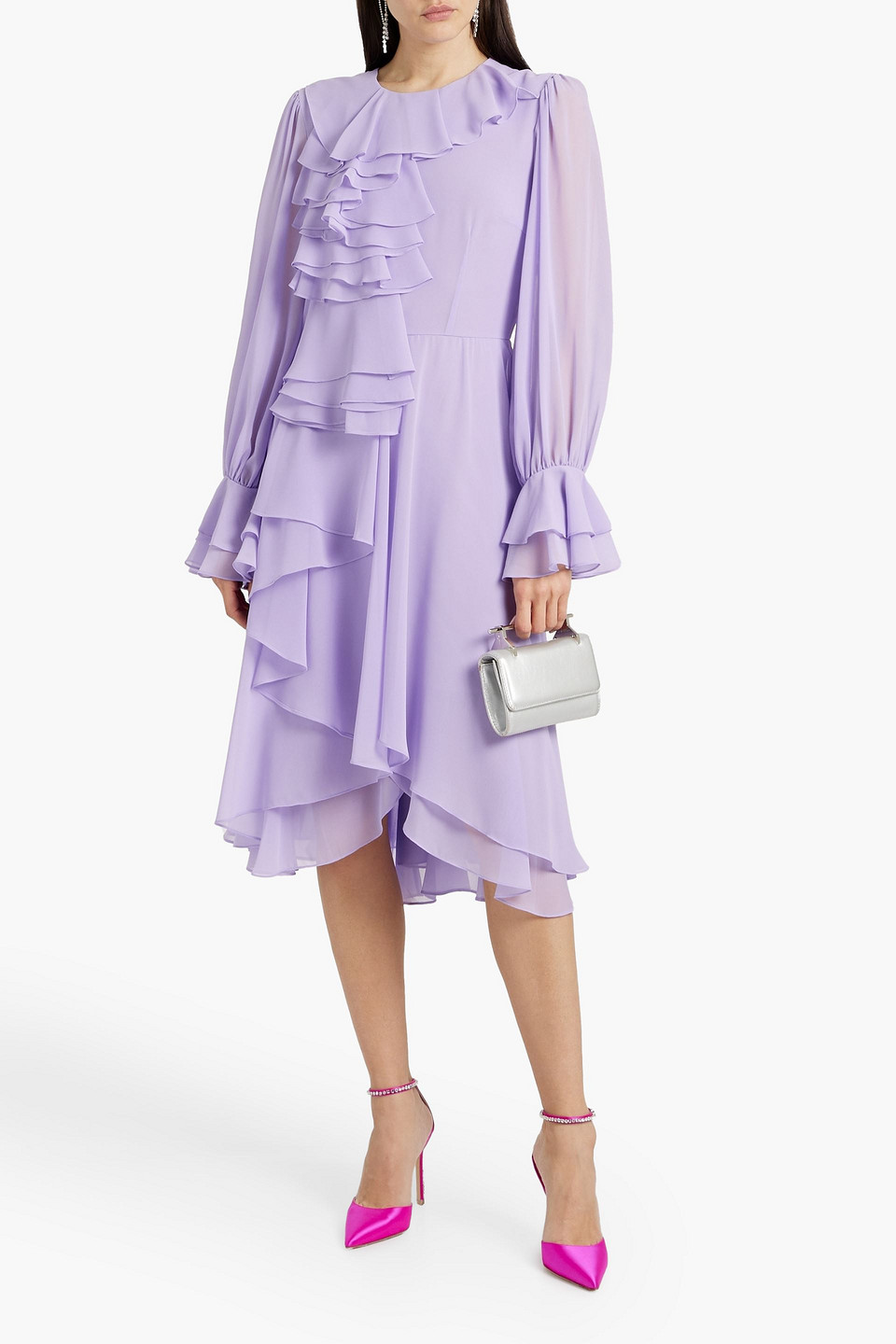 Shop Mikael Aghal Ruffled Chiffon Midi Dress In Lavender