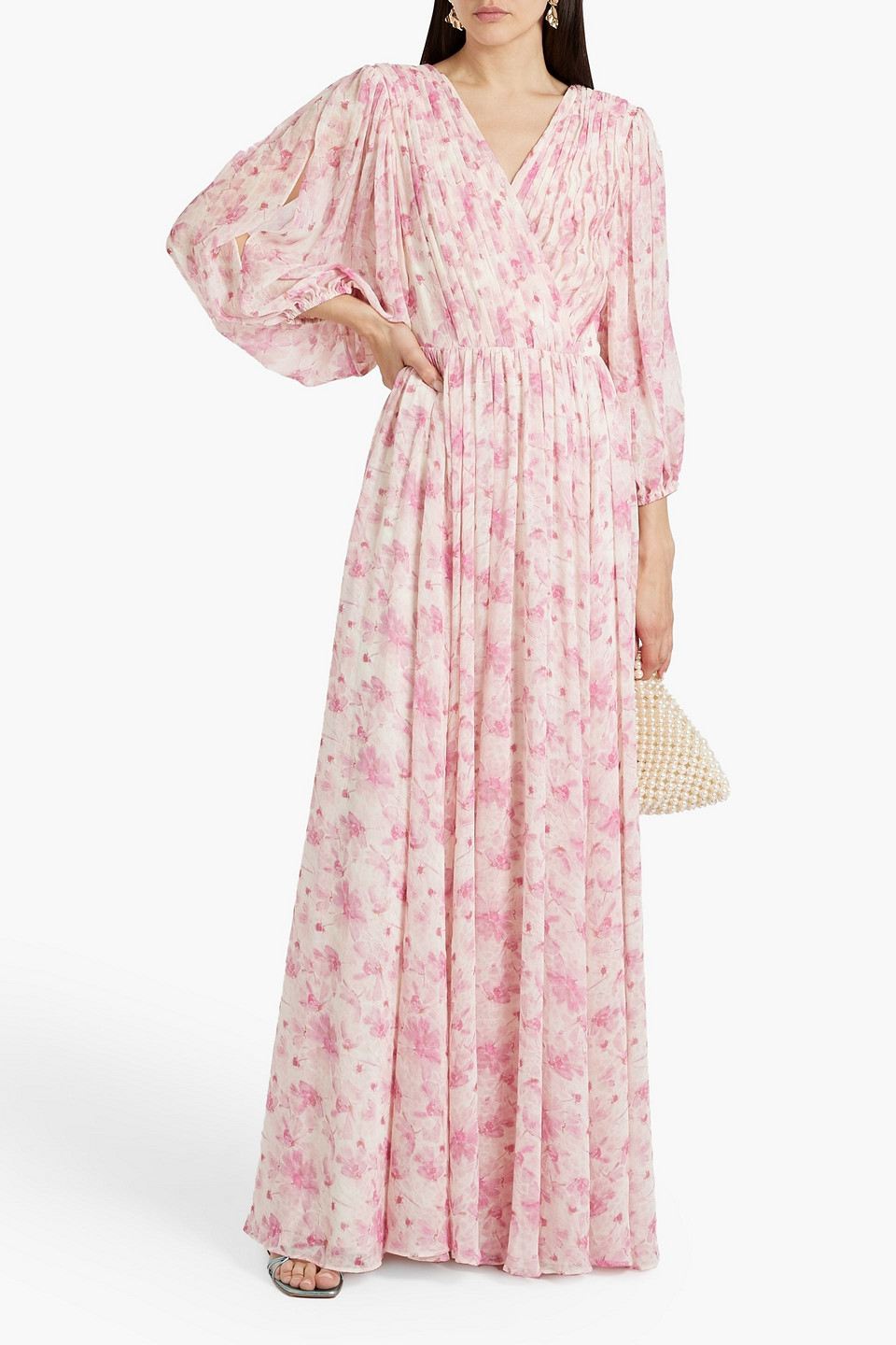 Shop Mikael Aghal Wrap-effect Floral-print Chiffon Maxi Dress In Baby Pink