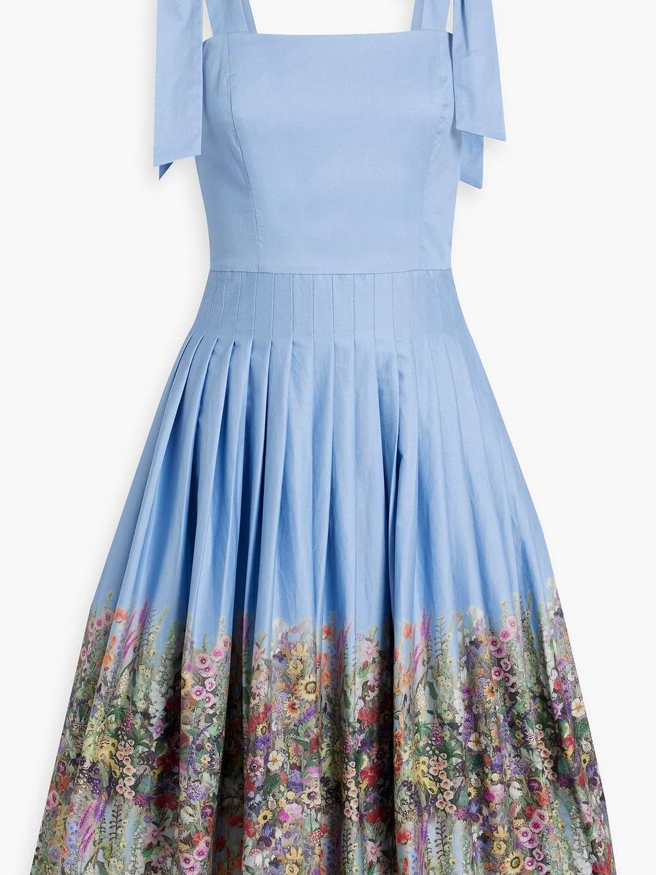 bow-detailed pleated floral-print cotton-blend poplin dress