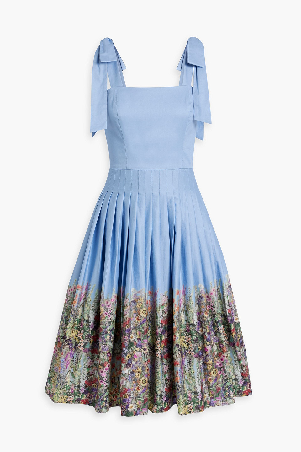 Mikael Aghal Bow-detailed Pleated Floral-print Cotton-blend Poplin Dress In Light Blue