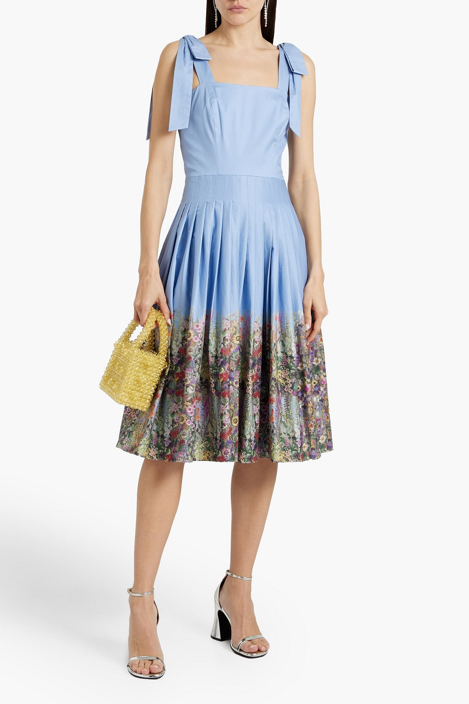 Shop Mikael Aghal Bow-detailed Pleated Floral-print Cotton-blend Poplin Dress In Light Blue