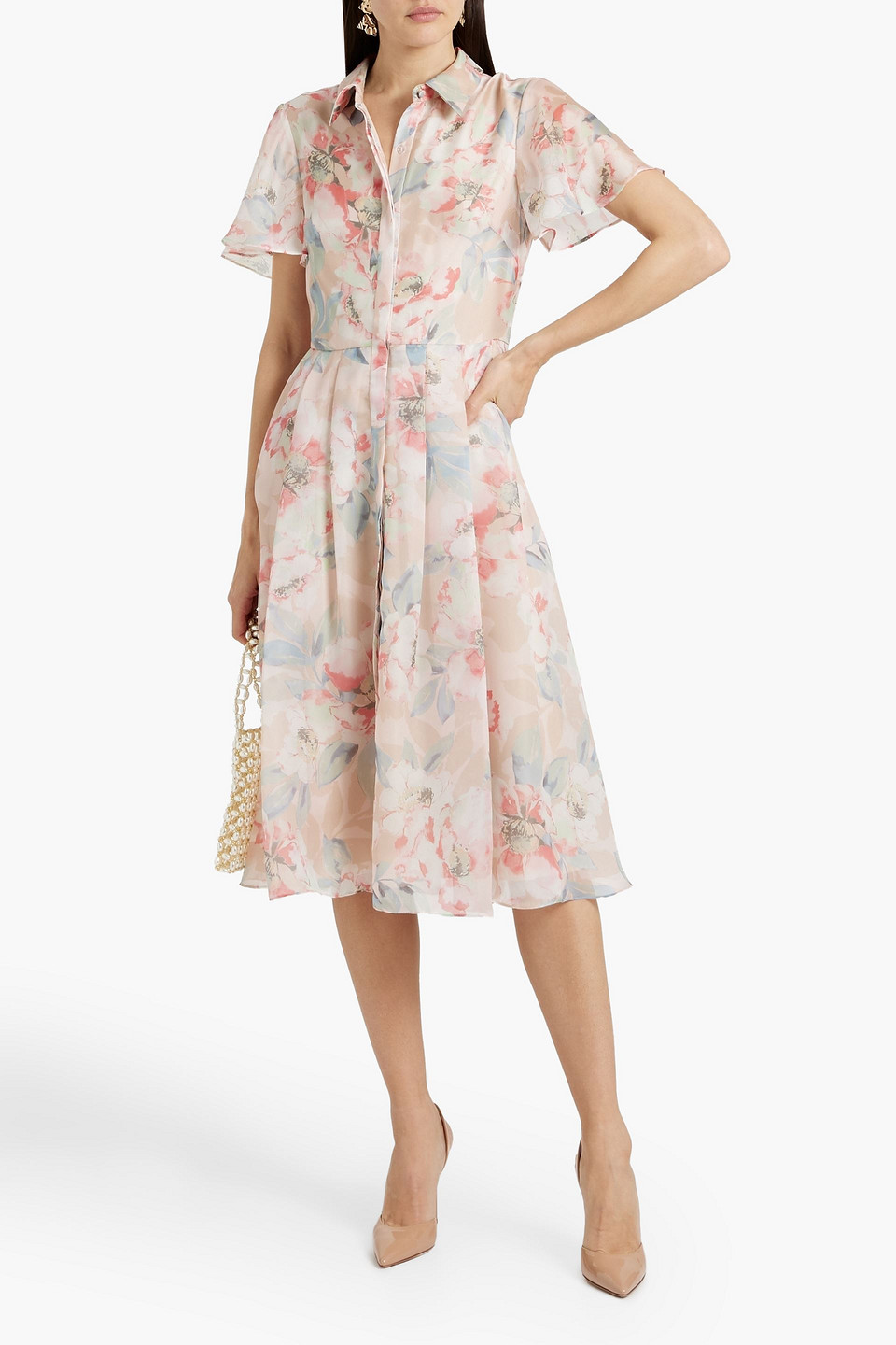 Shop Mikael Aghal Floral-print Chiffon Midi Shirt Dress In Blush