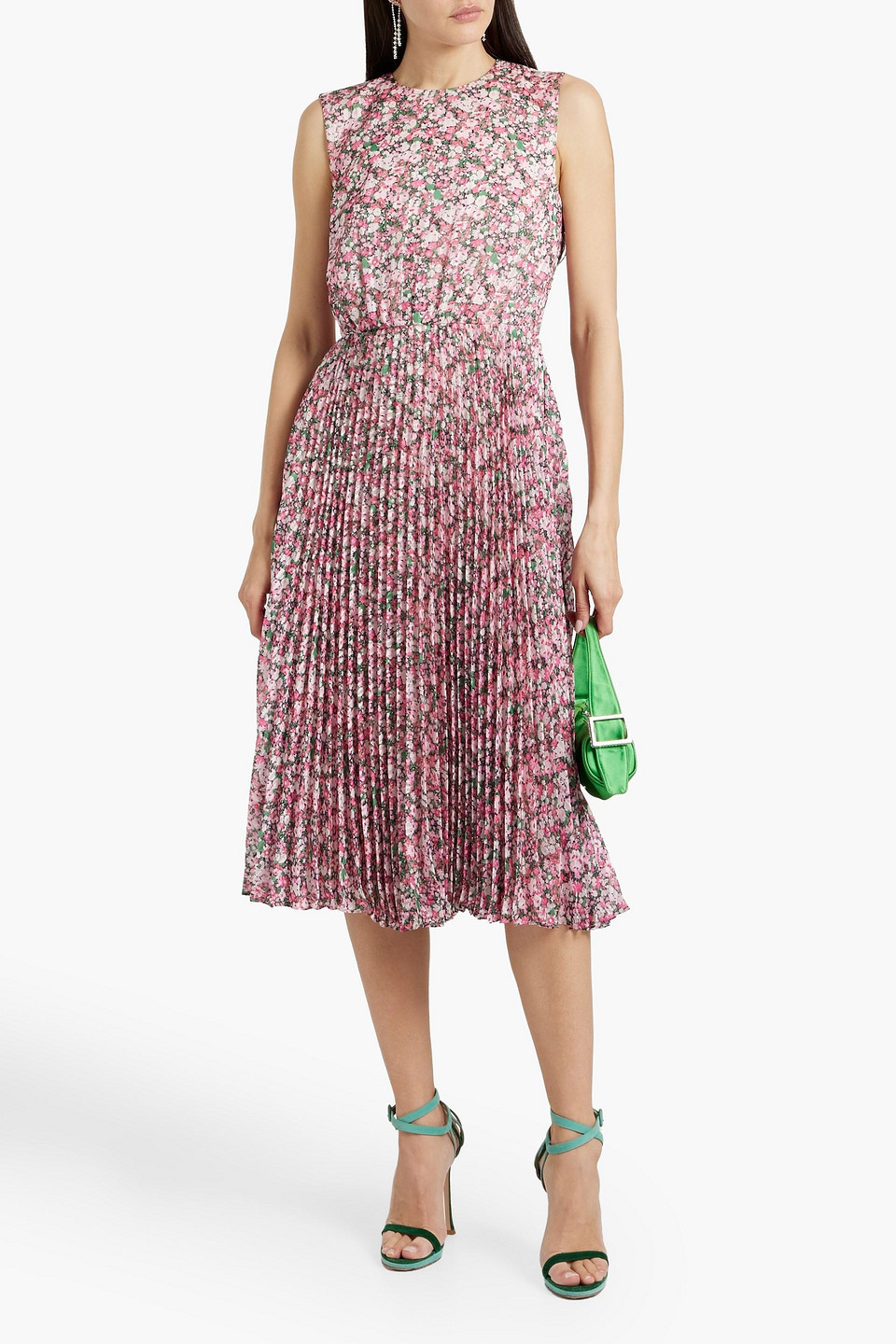 Shop Mikael Aghal Cutout Pleated Floral-print Chiffon Midi Dress In Pink