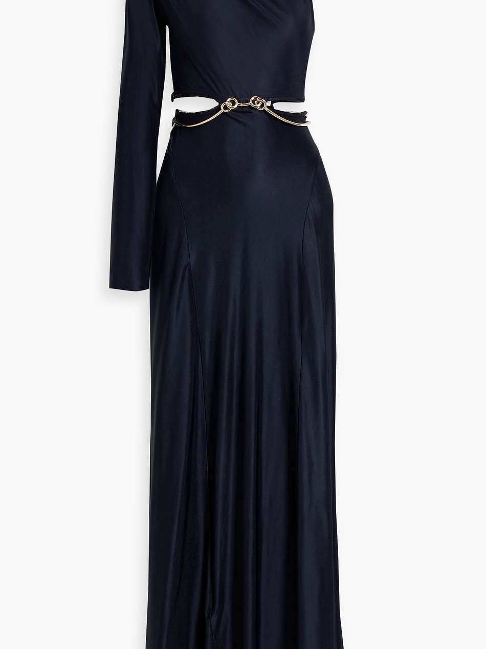 one-sleeve cutout embellished satin-jersey gown