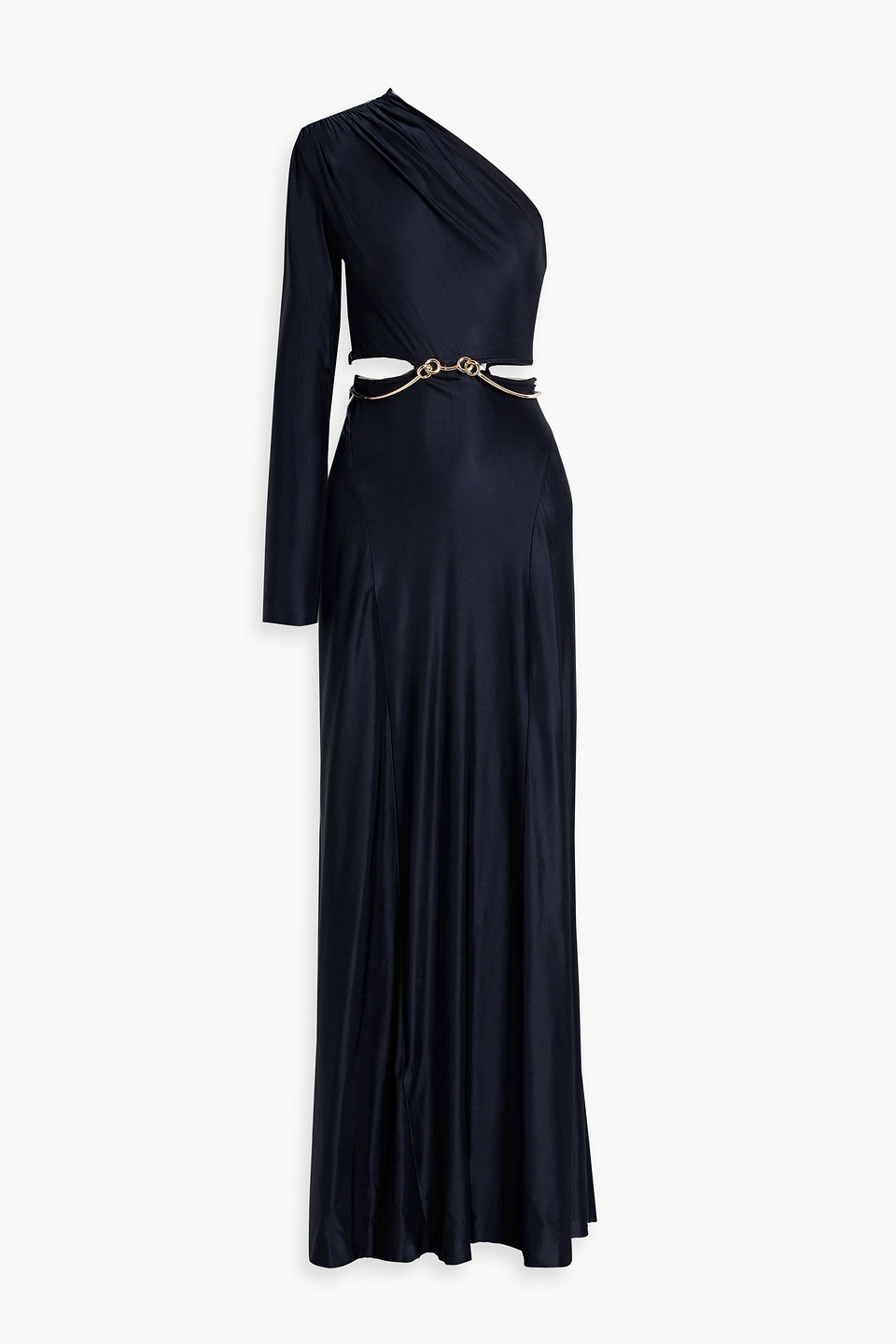 Victoria Beckham One-sleeve Cutout Embellished Satin-jersey Gown In Navy