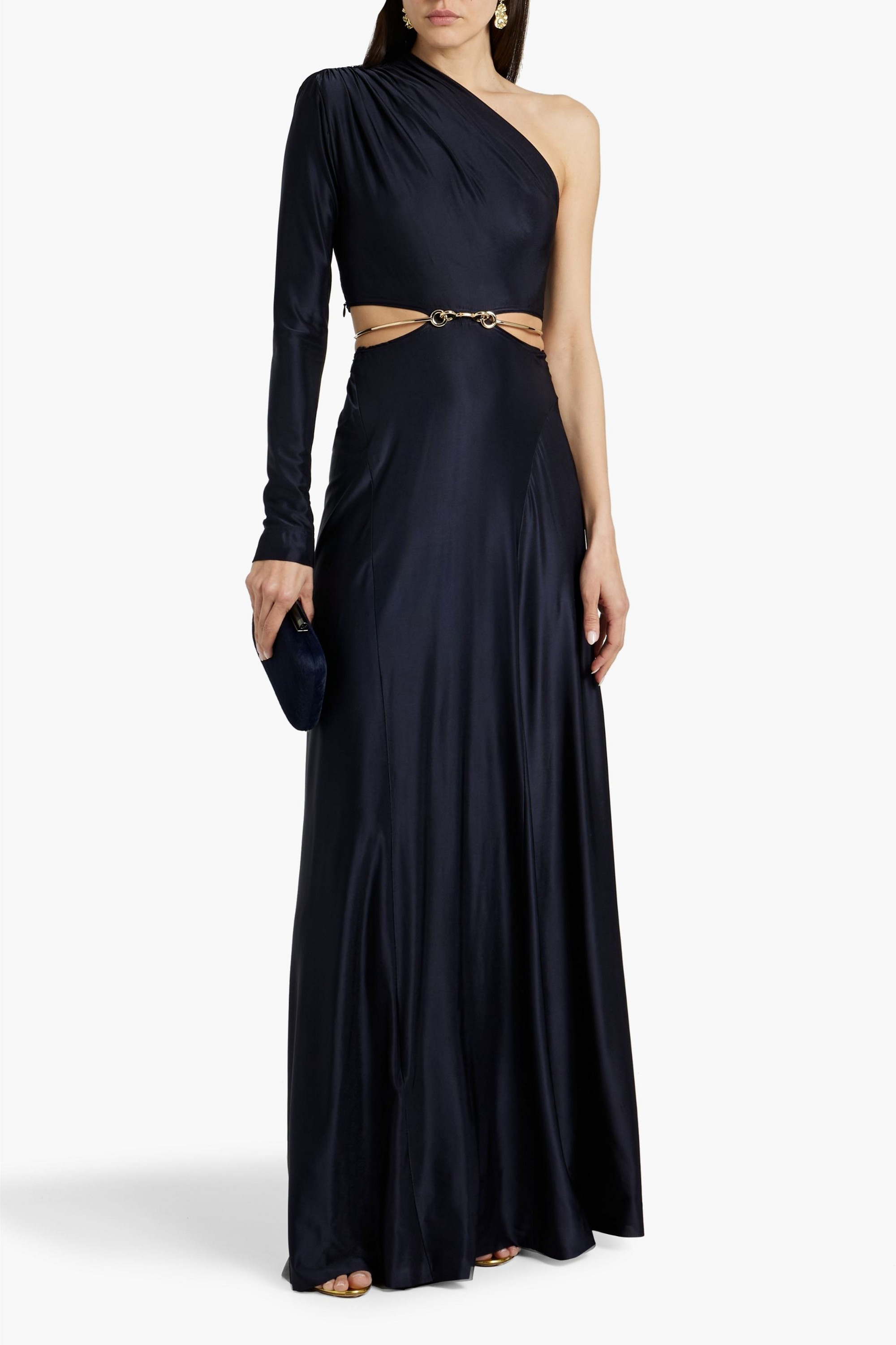 Victoria Beckham One-sleeve cutout embellished satin-jersey gown