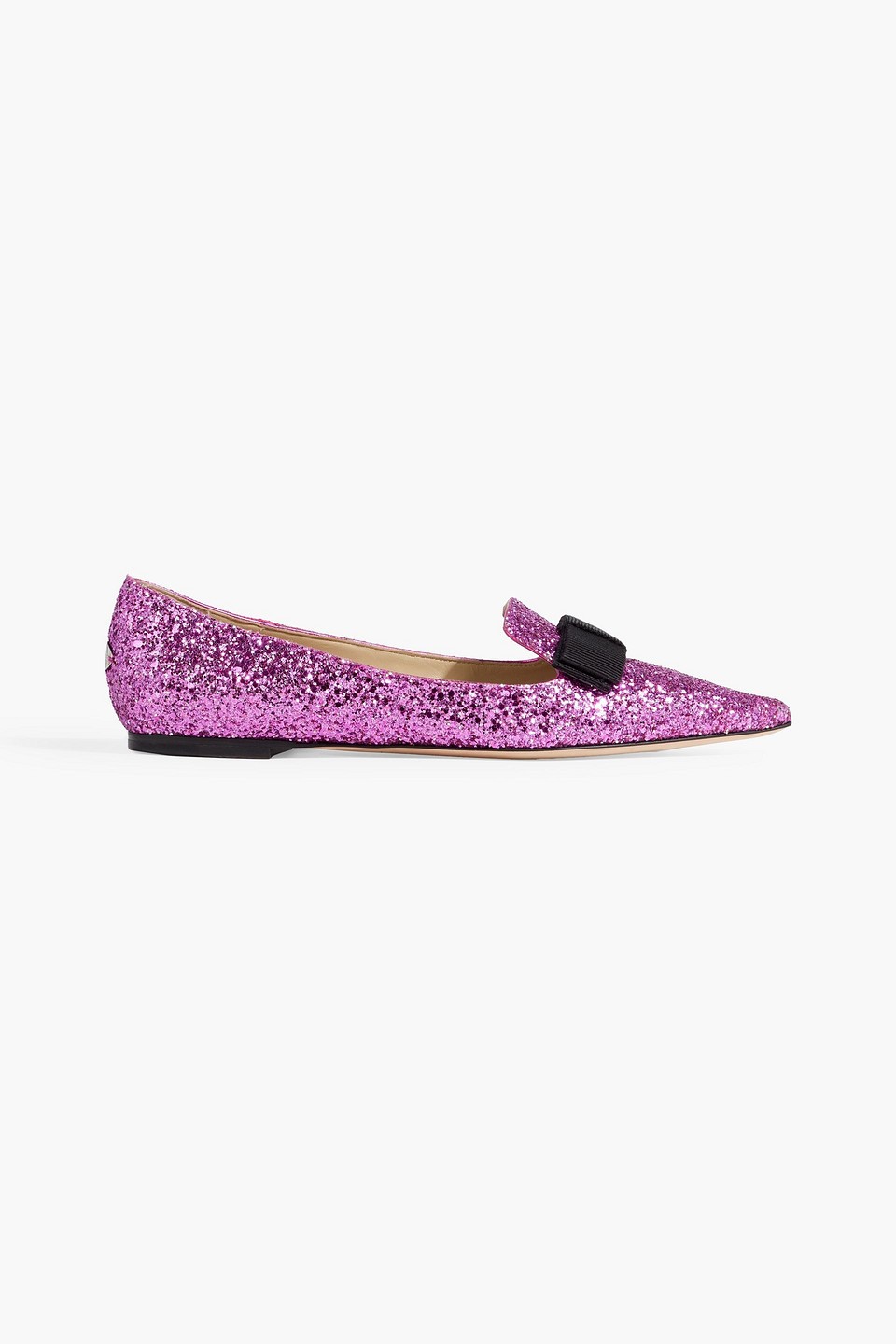 Jimmy Choo Gala Bow-detailed Glittered Leather Pointed-toe Flats In Magenta