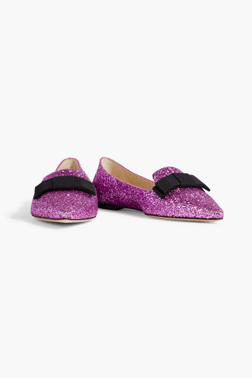 Jimmy Choo Gala Bow-detailed Glittered Leather Pointed-toe Flats In Magenta