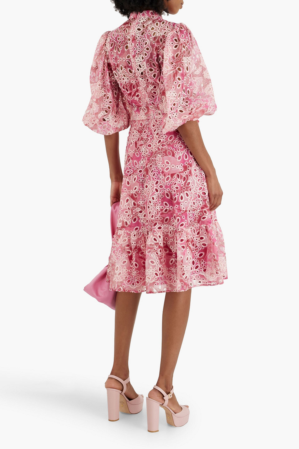 Shop Mikael Aghal Ruffled Printed Broderie Anglaise Midi Dress In Fuchsia