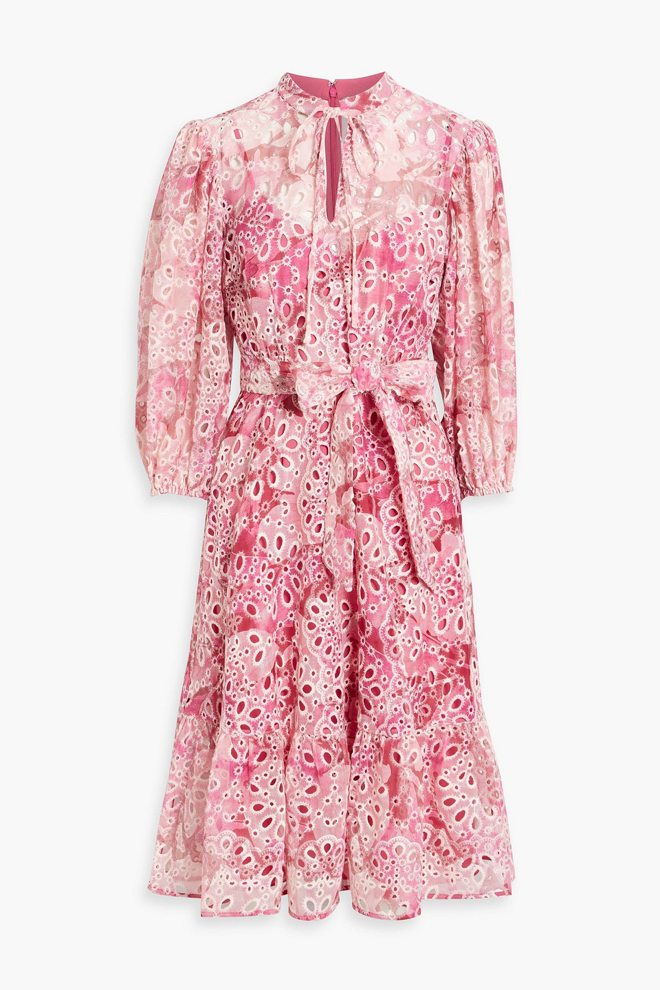 Mikael Aghal Ruffled Printed Broderie Anglaise Midi Dress In Fuchsia