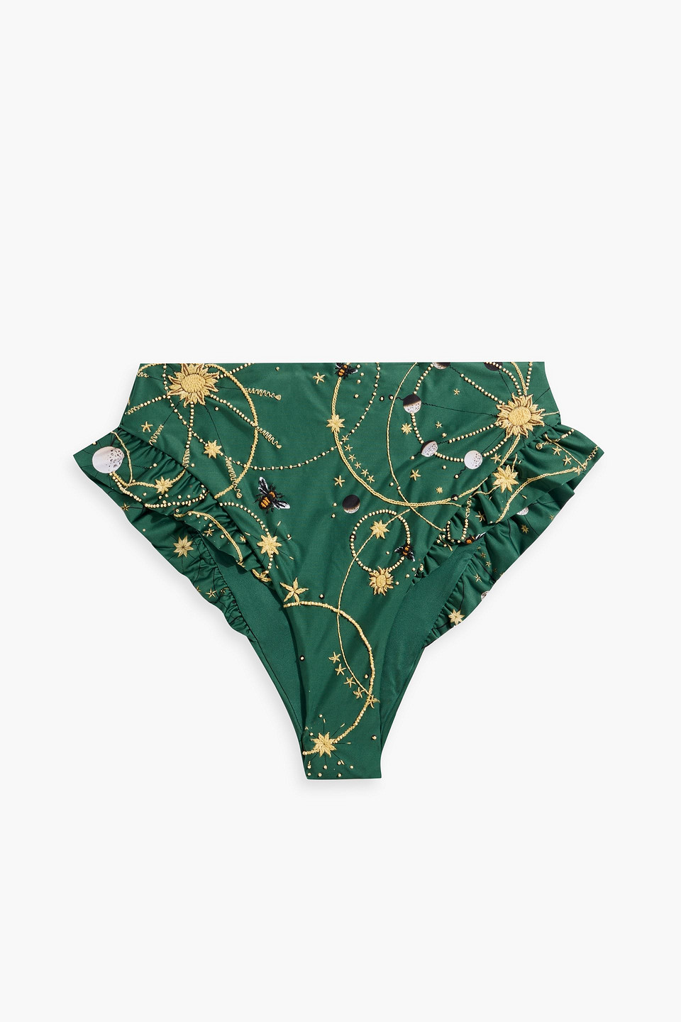 Agua By Agua Bendita Jengigre Astro Esmeralda Embellished Ruffled High-rise Bikini Briefs In Forest Green