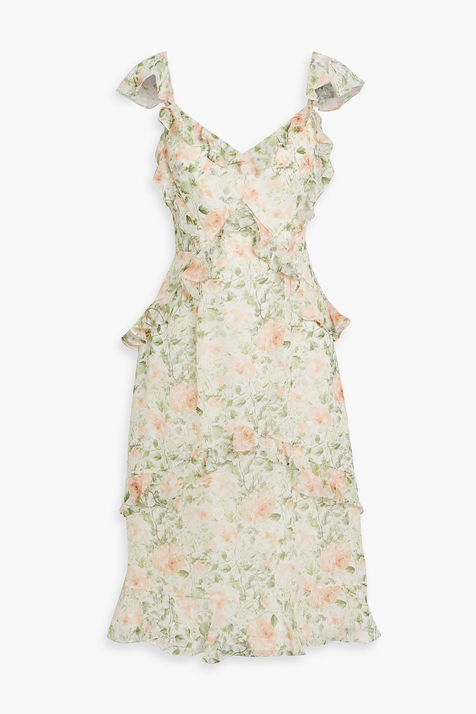 Mikael Aghal Ruffled Floral-print Chiffon Dress In Light Green