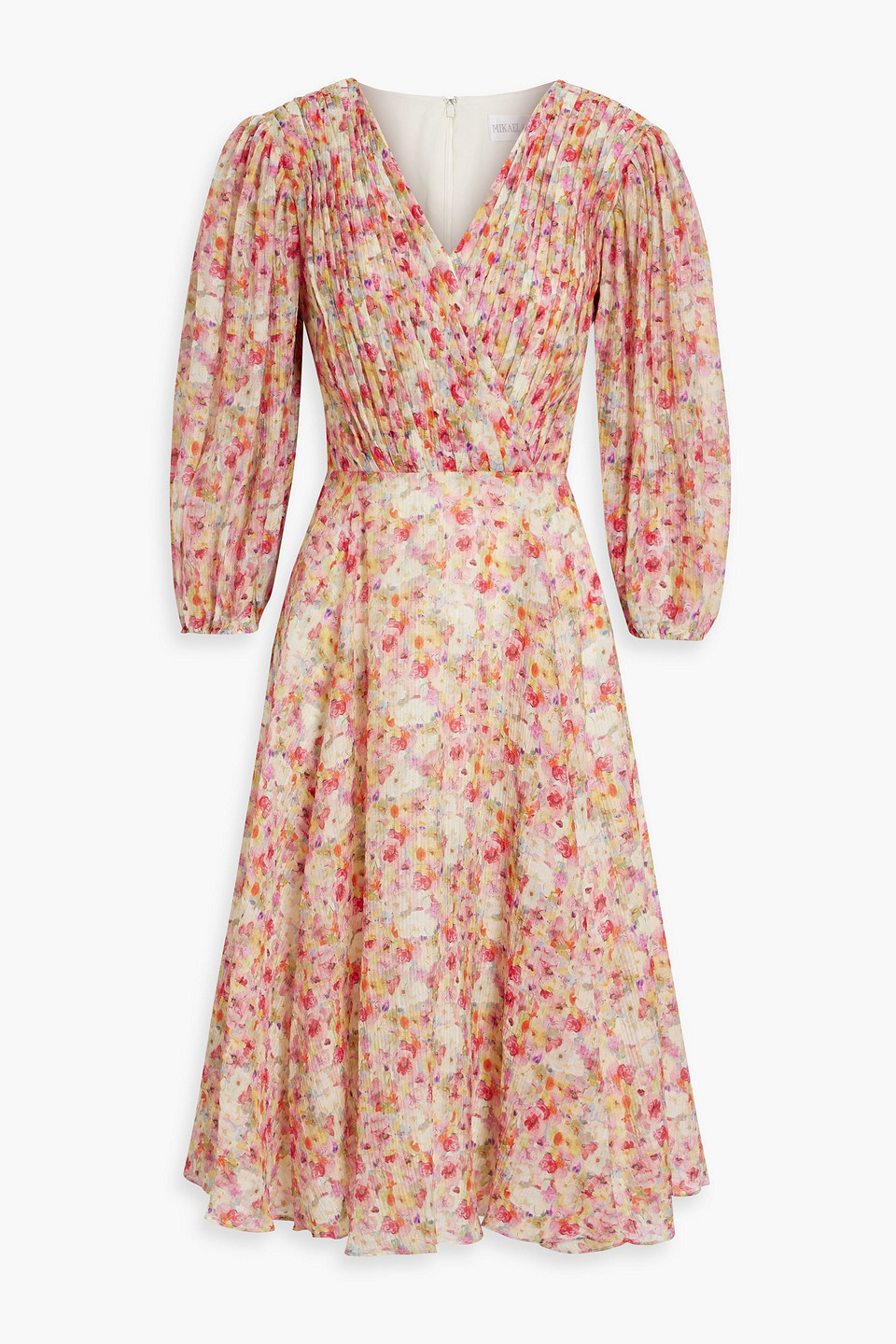 Mikael Aghal Pleated Floral-print Chiffon Midi Dress In Fuchsia