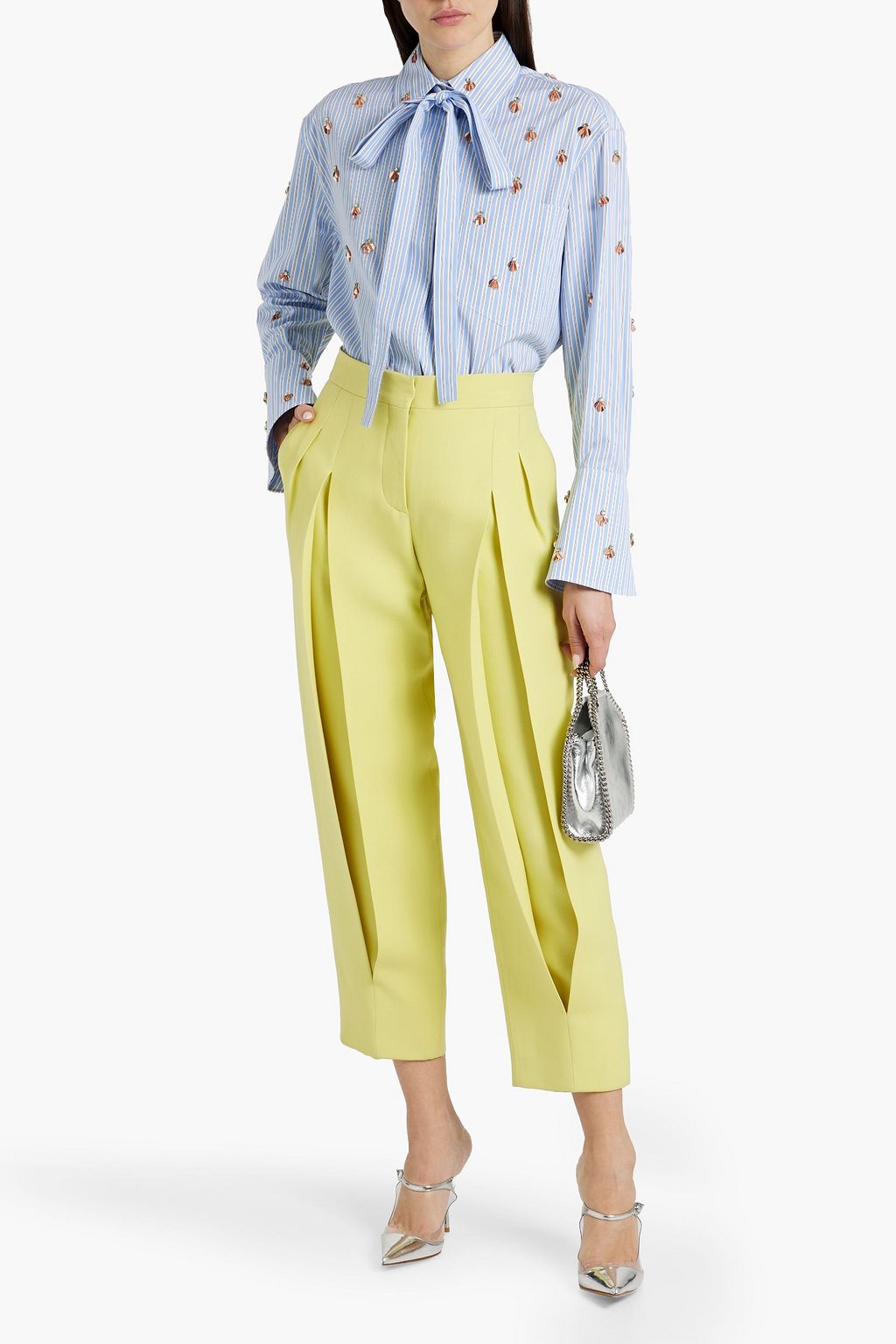 VALENTINO GARAVANI Embellished pussy-bow striped cotton-poplin shirt