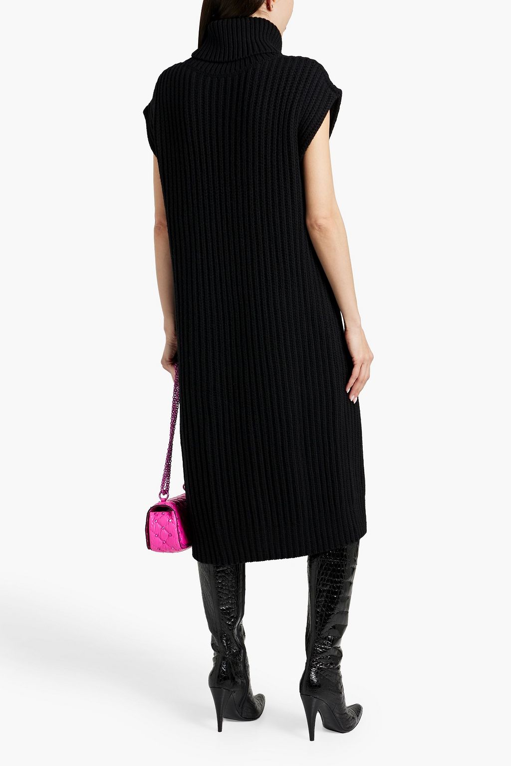 VALENTINO GARAVANI Feather-embellished ribbed wool and cashmere-blend turtleneck midi dress