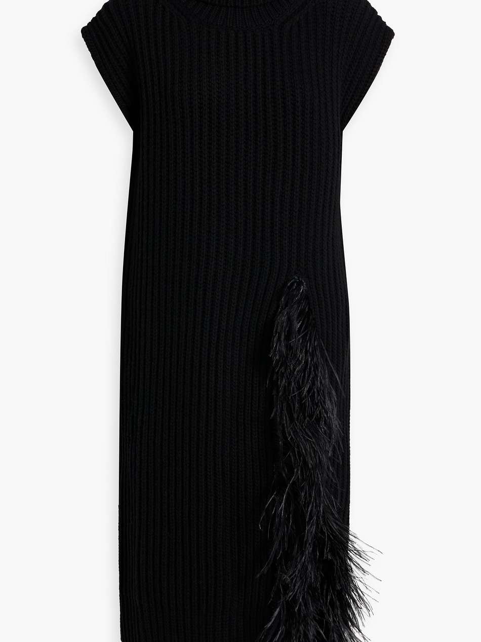 feather-embellished ribbed wool and cashmere-blend turtleneck midi dress