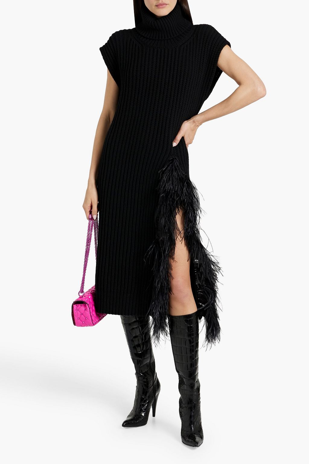VALENTINO GARAVANI Feather-embellished ribbed wool and cashmere-blend turtleneck midi dress