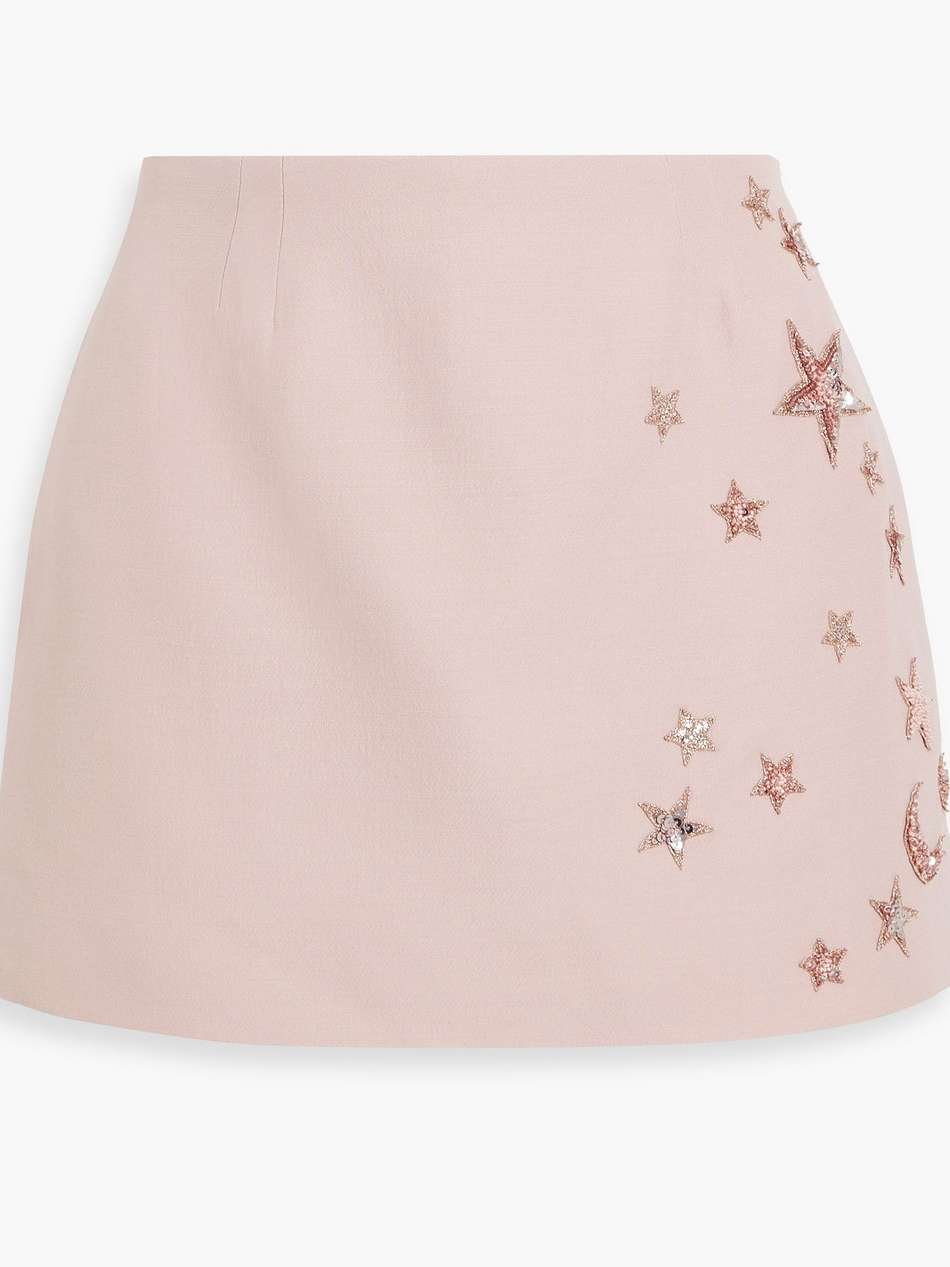 skirt-effect embellished wool and silk-blend crepe shorts